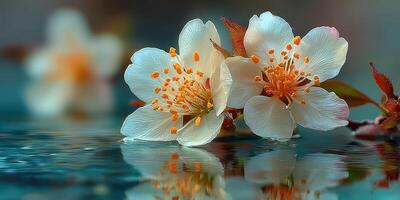Beautiful white blossoms reflect on calm water during springtime in a serene garden setting photo