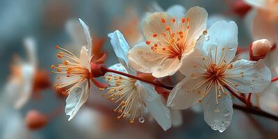 Cherry blossoms bloom in spring, showcasing delicate petals with orange accents and droplets of water glistening in natural light photo