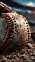 Old baseball resting on a dirt surface at a baseball field during a sunny afternoon photo