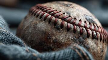 Vintage baseball resting on faded denim fabric, showcasing wear and history from countless games played photo