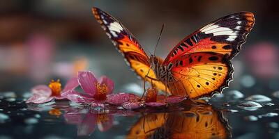 Colorful butterfly perched on pink flowers with raindrops in a serene garden setting during daylight photo
