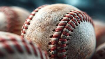 Close-up of worn baseballs showcasing texture and stitching under soft lighting in a sports setting photo