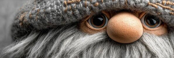 Woolly gnome with large eyes and a knitted hat in a cozy setting showcasing intricate details and textures photo