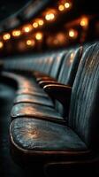 Old theater seats glowing under warm lights in a historical venue during an evening performance photo