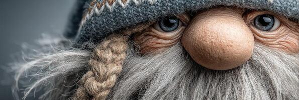 Distinctive character figure wearing a knitted hat with a braided beard and expressive eyes in a close-up view photo