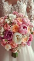 Beautiful wedding bouquet with vibrant roses and peonies held by a bride in a romantic outdoor setting during daytime photo