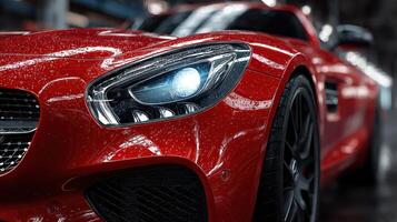 Sleek red sports car parked indoors with reflections glistening in the soft light photo