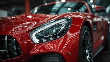 Stunning red sports car showcased at an auto event with reflection and detailing around the vehicle photo