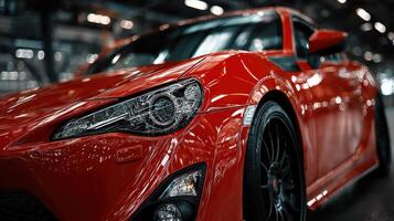 Red sports car showcasing sleek design and powerful aesthetics in an indoor exhibition space during a high-energy automotive event photo