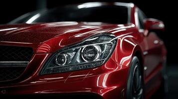 Shiny red sports car showcases meticulous detailing in a darkened showroom at dusk photo