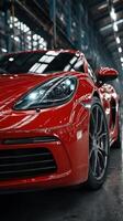 Bright red sports car showcased in a modern industrial garage during daytime with reflective lighting photo