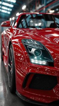 Sleek red sports car showcasing bold design and powerful features in a modern garage setting photo