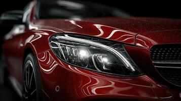 Close-up view of a shiny red luxury car showcasing headlights and reflections in a dark setting photo