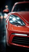 Sleek red sports car gleaming under street lights on a rainy evening in a city photo