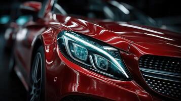 Sleek red luxury car showcases design details in dimly lit urban setting at night photo