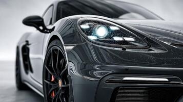 Sleek black sports car showcasing modern design features in a minimalist studio setting photo