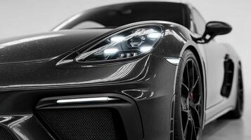 Luxury sports car displayed indoors with dramatic lighting focusing on the sleek design and polished details photo