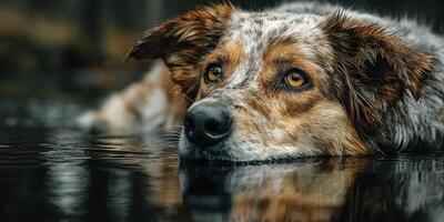 Dog relaxes in still water reflecting vibrant surroundings during a peaceful afternoon photo