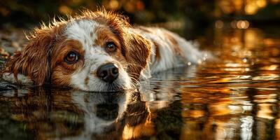 Dog enjoys a peaceful moment in a shimmering lake during golden hour at sunset in a natural landscape photo