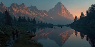 Hikers explore serene mountain landscape during sunset by a tranquil lake with stunning reflections on the water photo