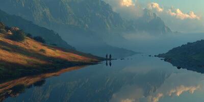 Serene hiking adventure near a tranquil river surrounded by majestic mountains at dawn photo