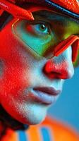 Cyclist with intense focus and vibrant colors showcases determination during an outdoor training session photo