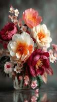Colorful floral arrangement featuring peonies and cherry blossoms set against a blurred background photo