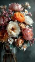 Colorful bouquet of flowers arranged in a clear vase with delicate petals and soft hues, showcasing nature's beauty indoors photo