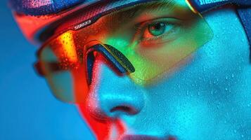 Cyclist with colorful sunglasses and vibrant lighting during a rainy day training session photo