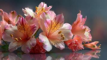 Delicate pink and white flowers bloom gracefully as they capture attention in a serene indoor atmosphere photo