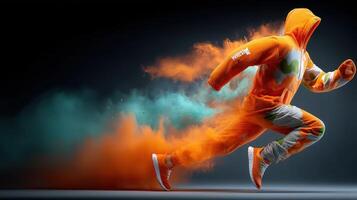 Vibrant runner in colorful urban environment showcases energetic motion and style during a dynamic outdoor activity photo