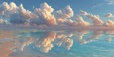 Serene dawn over tranquil lake with vibrant clouds reflecting in still water photo