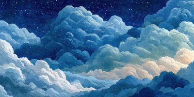 Clouds float under a starry night sky in an artistic representation with deep blues and soft whites photo
