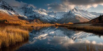 Majestic autumn landscape reflecting mountains and golden grass in tranquil lake at sunset photo