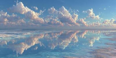 Tranquil morning scene with clouds reflecting on calm waters in a serene coastal landscape photo