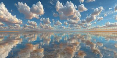 Vibrant clouds reflect on still water at a serene salt flat during sunset photo