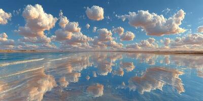 Cloud reflections on a tranquil salt flat during sunrise showcasing vibrant colors and clear skies photo