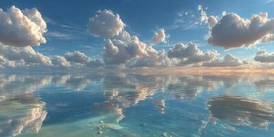 Calm ocean under a vibrant sky filled with fluffy clouds reflecting on the water surface during sunset hours photo