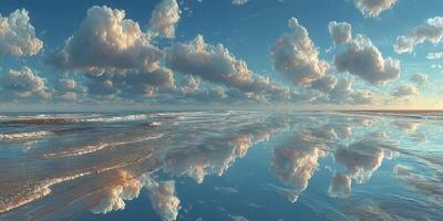 Serene ocean view featuring clouds reflected on calm waters during sunset photo