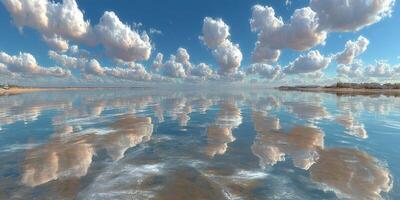 Stunning reflection of clouds on calm water during golden hour at a serene lakeside photo