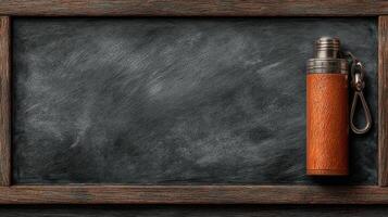 Stylish wooden flask resting on a textured black chalkboard background near a wooden frame photo