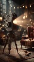 Vintage film projector illuminating a cozy room with warm lighting and rustic decor in a creative workspace photo