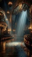Elegant theater interior illuminated by soft light with ornate decorations and empty seating in a quiet ambiance photo