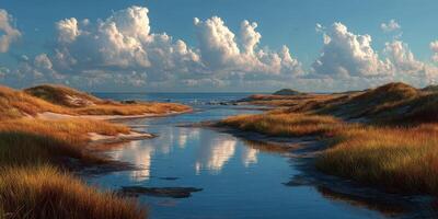 Calm coastal landscape with golden grasses and reflective water under cloudy sky at sunrise photo