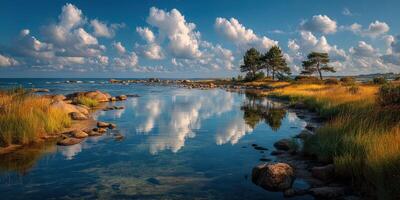 Serene lakeside landscape at sunset with picturesque clouds reflecting in calm water photo