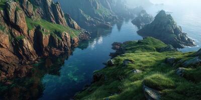 Scenic coastal landscape with rocky cliffs, lush greenery, and tranquil waters at dawn near the ocean photo