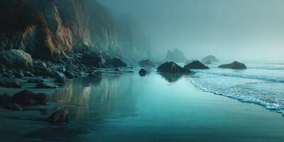 Soft fog blankets rocky coastline creating a serene atmosphere at dawn near the ocean shore photo