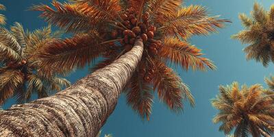 Tall palm trees with vibrant foliage reaching towards a clear blue sky in a tropical setting photo