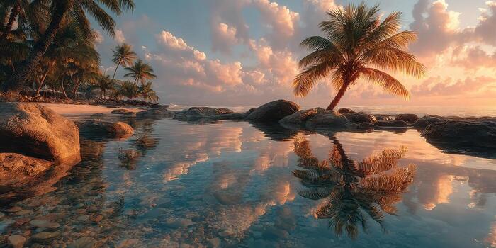 Serene sunset over calm waters with palm trees and reflective clouds at a tranquil beach photo