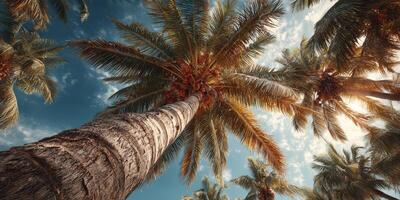 Palm trees stretch toward the sky under a bright blue backdrop with wispy clouds during warm daylight photo